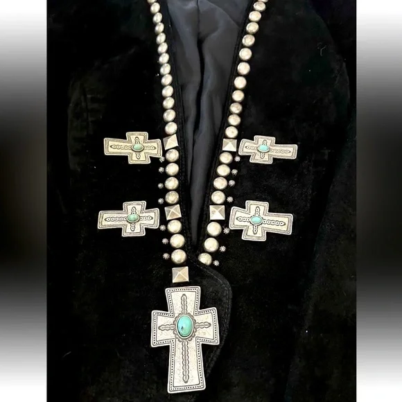 Double D Ranch suede studded jacket silver cross faux with turquoise Rtl $795 S - Picture 1 of 10